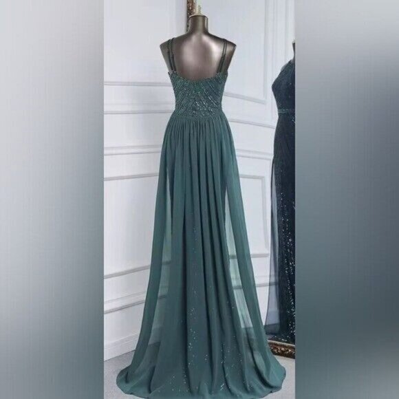 Green, Round Neck, Draped Skirt, Contrast Sequined Mermaid Gown - Picture 12 of 16